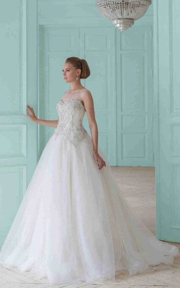 Pleated Sleeveless Tulle Ball Gown Wedding Dress with Beading and Illusion Classy Bridal Gown