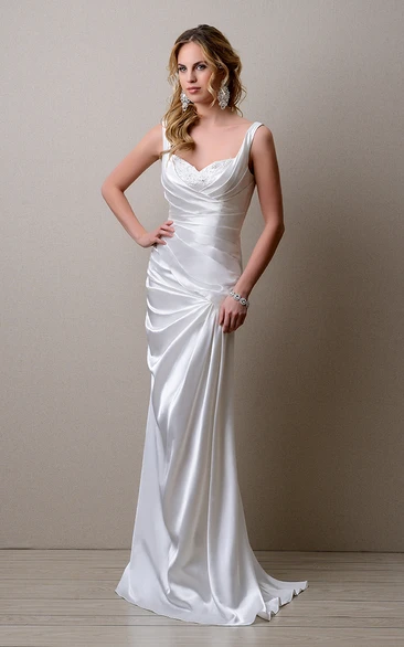 Sleeveless Satin Sheath Wedding Dress with Ruched Detail and Lace Embellishment