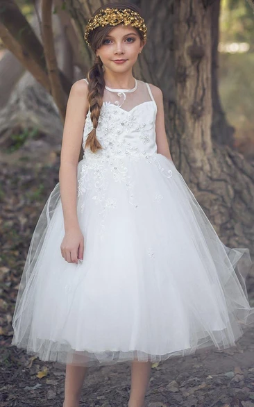 Beaded Tiered Tea-Length Satin&Tulle Flower Girl Dress