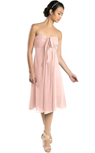 Strapless Tea-Length Chiffon Bridesmaid Dress in Multi-Color Bow Detail and Ruching