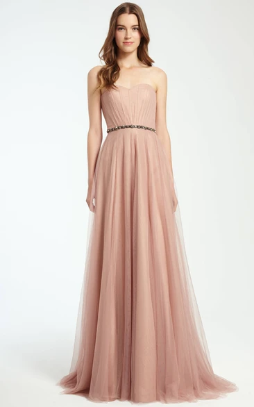 Strapless Tulle Bridesmaid Dress with Ruched Bodice and Waist Jewelry Modern Bridesmaid Dress