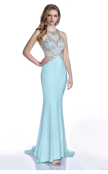 Jersey Sleeveless Prom Dress with Bling Jeweled Bust and Trumpet Silhouette