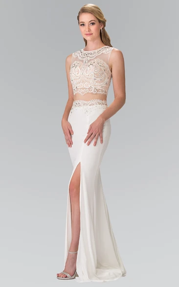 Illusion Two-Piece Sheath Scoop-Neck Sleeveless Prom Dress with Beading