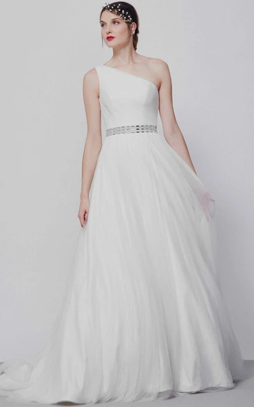 Jeweled Chiffon One-Shoulder Bridesmaid Dress with Sweep Train Elegant Bridal Gown