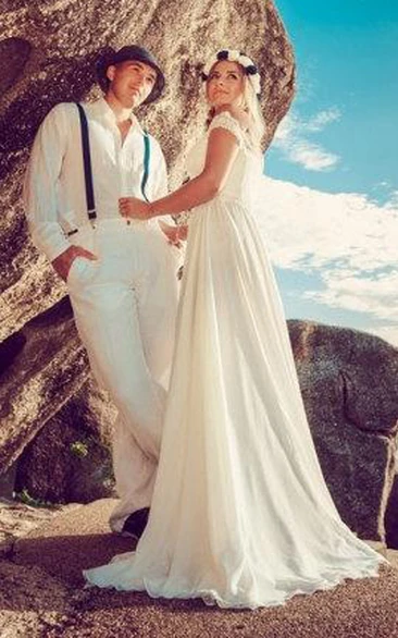 Lace Beach Wedding Dress with Off-Shoulder & Split Front