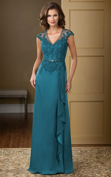 V-Neck Long Gown with Ruffles Crystals and Cap Sleeves