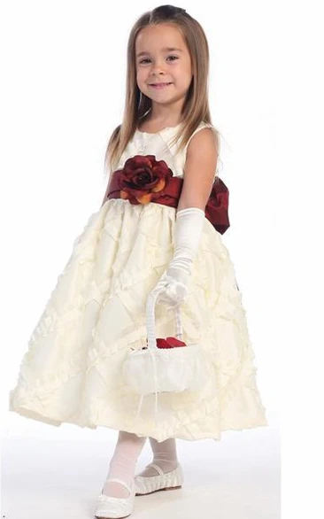 Embroidered Tea-Length Tiered Taffeta Flower Girl Dress Unique Bridesmaid Dress for Girls