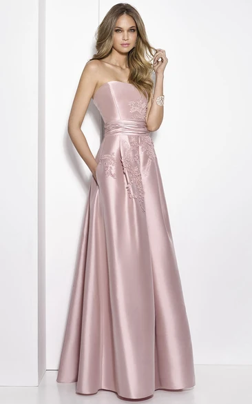 Strapless A-Line Satin Prom Dress with Appliques in Floor-Length