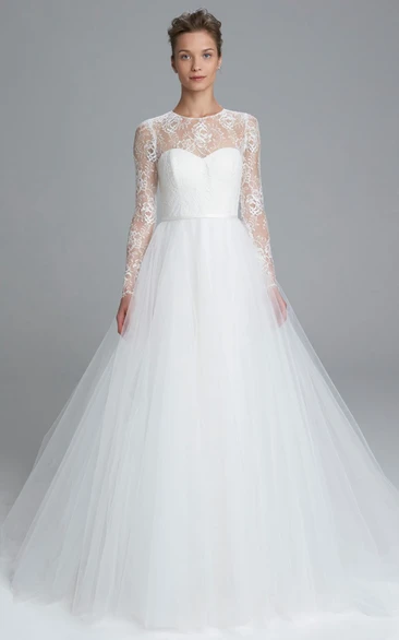 Long-Sleeve Tulle Ball Gown Wedding Dress with Lace and Illusion Dreamy Bridal Gown