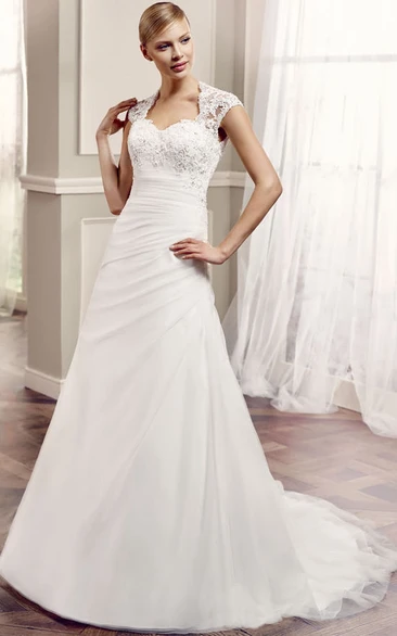 Cap-Sleeve Lace Wedding Dress with Keyhole Back A-Line Side-Draped