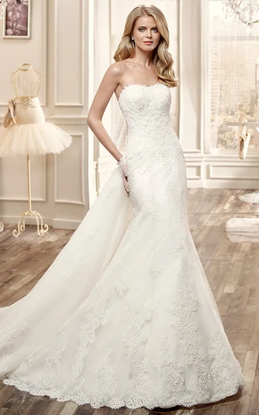 Lace Strapless Wedding Dress with Low Back and Chapel Train Romantic Bridal Gown