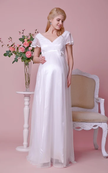 Tulle Maternity Wedding Dress Short-Sleeved Empire Waist V-Neck