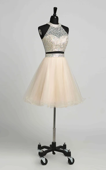 Romantic Tulle A-Line Halter Prom Dress with Beading and Sequins