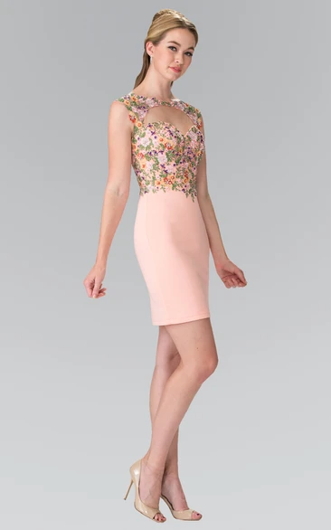 Jersey Flower Pencil Mini Cap-Sleeve Formal Guest Dress