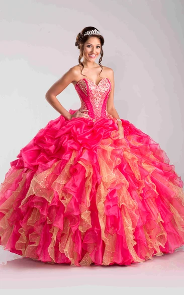 Beaded Sweetheart Ball Gown with Ruffles and Pick-Ups Classy Formal Dress