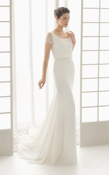 Cap-sleeved Backless Lacy Illusion Bateau-neck Wedding Dress with Draping at Back