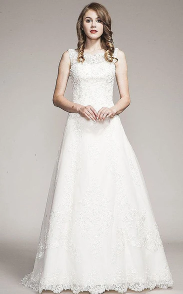 Lace Appliqued A-Line Wedding Dress with Bateau Neckline and Floor-Length