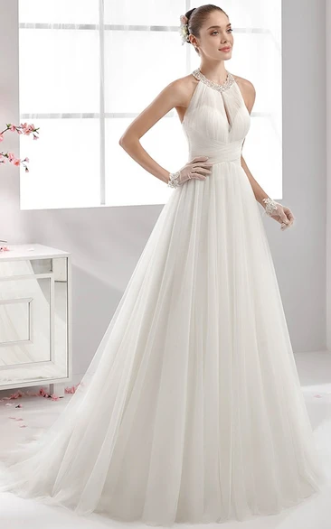 High-Neck Bandage Waist Wedding Dress with Pleated Tulle Skirt Elegant Bridal Gown