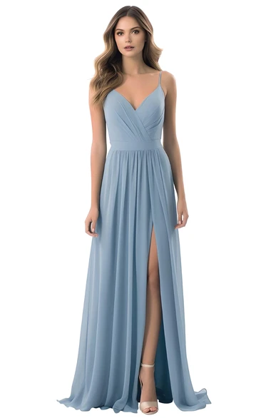 A-Line V-neck Chiffon Bridesmaid Dress with Split Front Elegant and Simple
