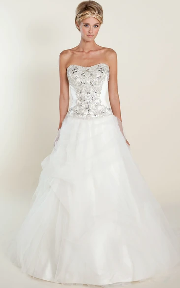 Floor-Length A-Line Tulle&Satin Wedding Dress with Beaded Embellishments and Ruffles Classic Bridal Gown