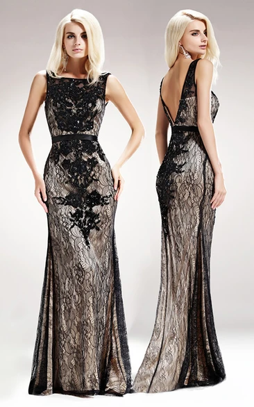 Long Sleeveless Lace Bateau Elegant Dress with Deep-V Back