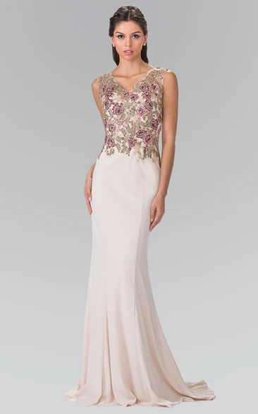 V-Neck Sleeveless Jersey Formal Dress with Beading and Appliques