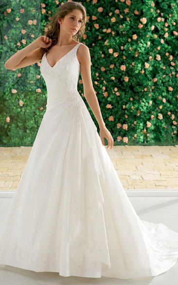V-Neck Sleeveless Wedding Dress with Ruffles and A-Line