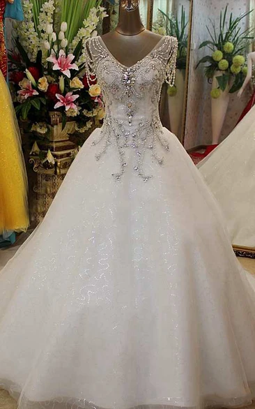 V-Neck Beaded Ball Gown Short Sleeves