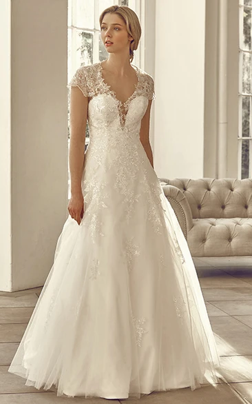 Illusion Tulle&Lace Cap-Sleeve V-Neck Wedding Dress Long