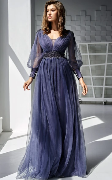 V-neck Tulle Mother Dress with Beading and Sash Casual A Line Formal Dress