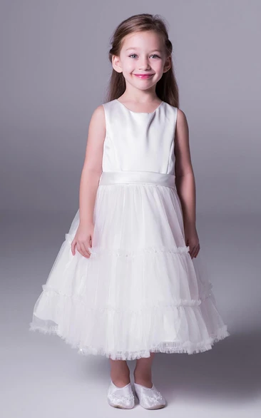 Satin Tea-Length Dress with Ruffles A-Line Flower Girl Dress