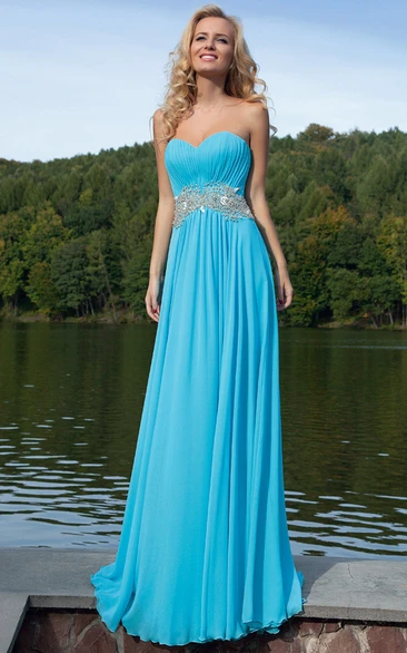 Sweetheart Chiffon Prom Dress with Waist Jewelry Ruched Sleeveless Floor-Length