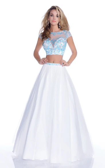 Jeweled Lace Crop Top A-Line Tulle Gown Modern Formal Dress