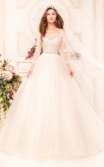 Off-The-Shoulder Ball Gown with Illusion Sleeves and Appliques