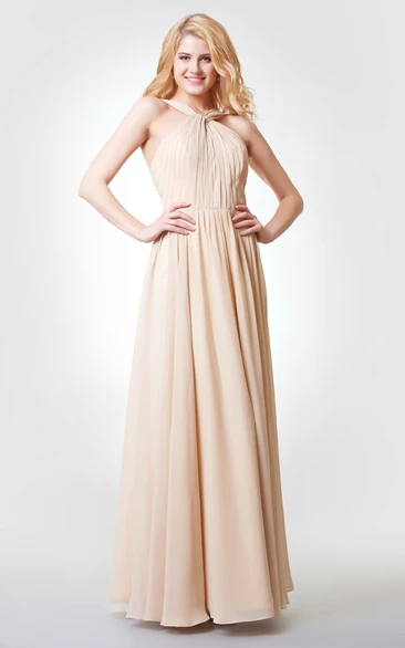 Sleeveless A-line Chiffon Bridesmaid Dress with Ruching and Pleats Long