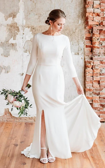 Simple Mermaid Wedding Dress 3/4 Length Sleeve Satin Gown with Split Front and Sweep Train