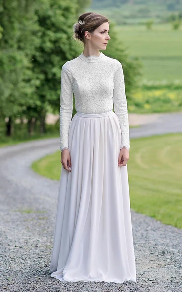 Lace Chiffon Long-Sleeve Wedding Dress with Jewel-Neck and Floor Length