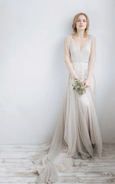 Beaded Illusion V-Neck Tulle Wedding Dress