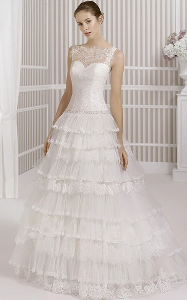 Tulle Lace A-Line Wedding Dress with Illusion Back and Waist Jewelry