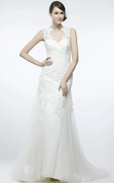 V-Neck Lace A-Line Wedding Dress with Keyhole Back and Sweep Train