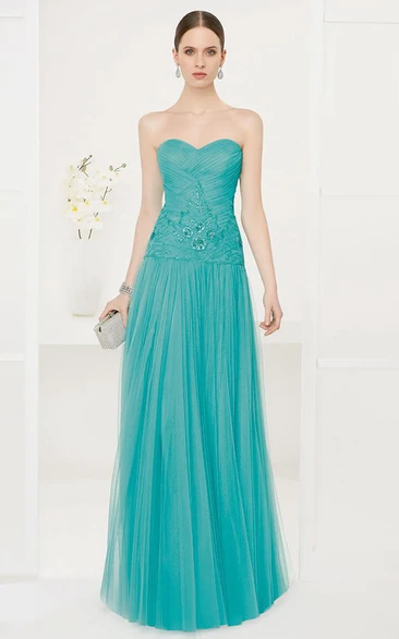 Sequined Embroidery Tulle Prom Dress Long Flowy Prom Dress with Drop Waist