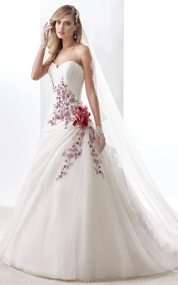 A-Line Sweetheart Wedding Dress with Floral Appliques and Side Draping Ruffles Unique Bridal Gown