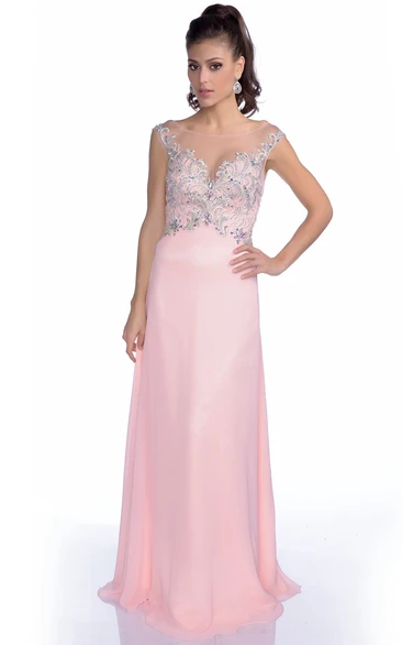 Chiffon A-Line Prom Dress with Cap Sleeve and Low-V Back Flowy Prom Dress Women