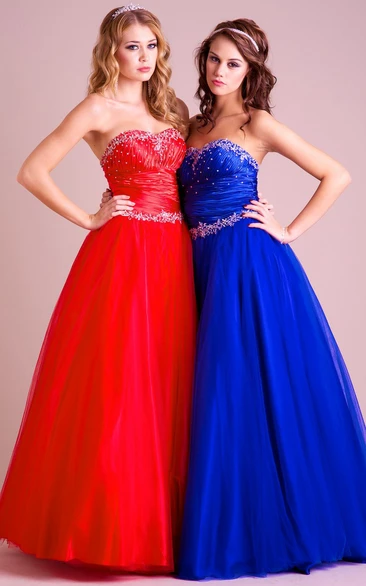 Sweetheart A-Line Tulle Prom Dress with Beading and Ruching Long