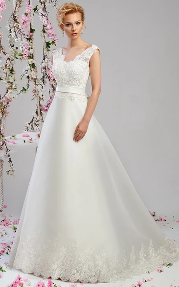 Satin Appliqued V-Neck Wedding Dress A-Line Style