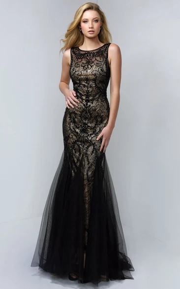 Mermaid Tulle Lace Sleeveless Formal Dress with Beading Flowy and Chic