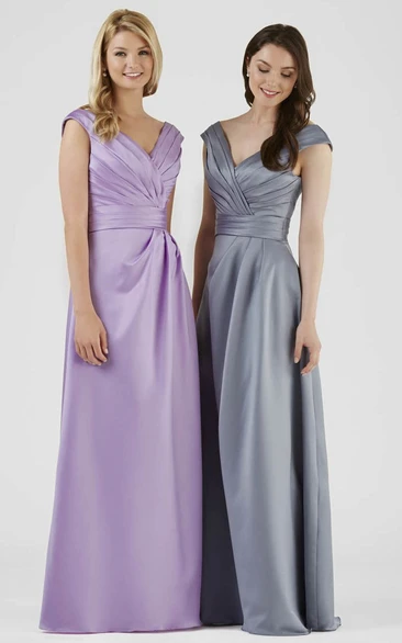 Satin V-Neck Bridesmaid Dress with Ruching and V-Back Elegant Floor-Length Dress