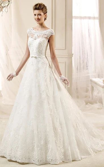 A-line Lace Wedding Gown with Cap Sleeves Appliques and Jewel Neckline