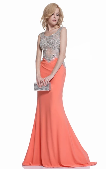 Sleeveless Jersey Illusion Formal Dress with Beading and Scoop Neck