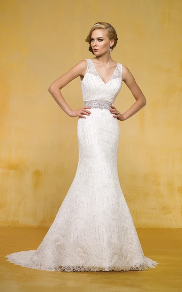 Mermaid Wedding Dress with V-Neck and Crystals Glamorous Bridal Gown